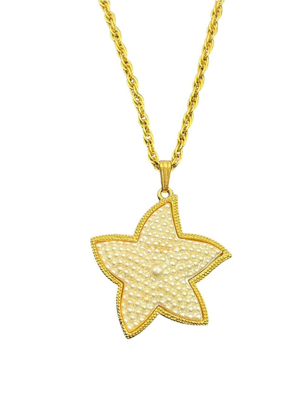 Starfish nautical faux pearl gold tone pendant on rope chain necklace sea